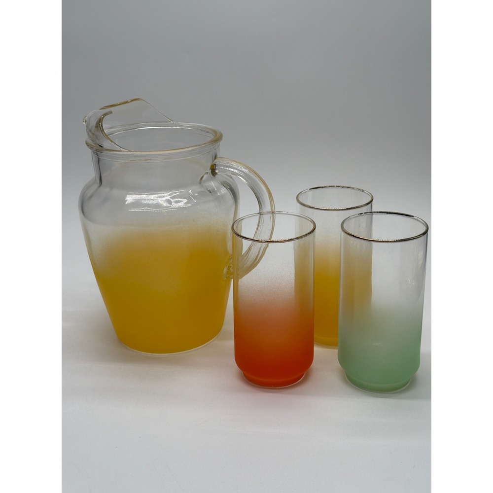 Vintage Mid Century‎ Frosted Ombre Glass Pitcher and 3 Highball Glasses Set MCM